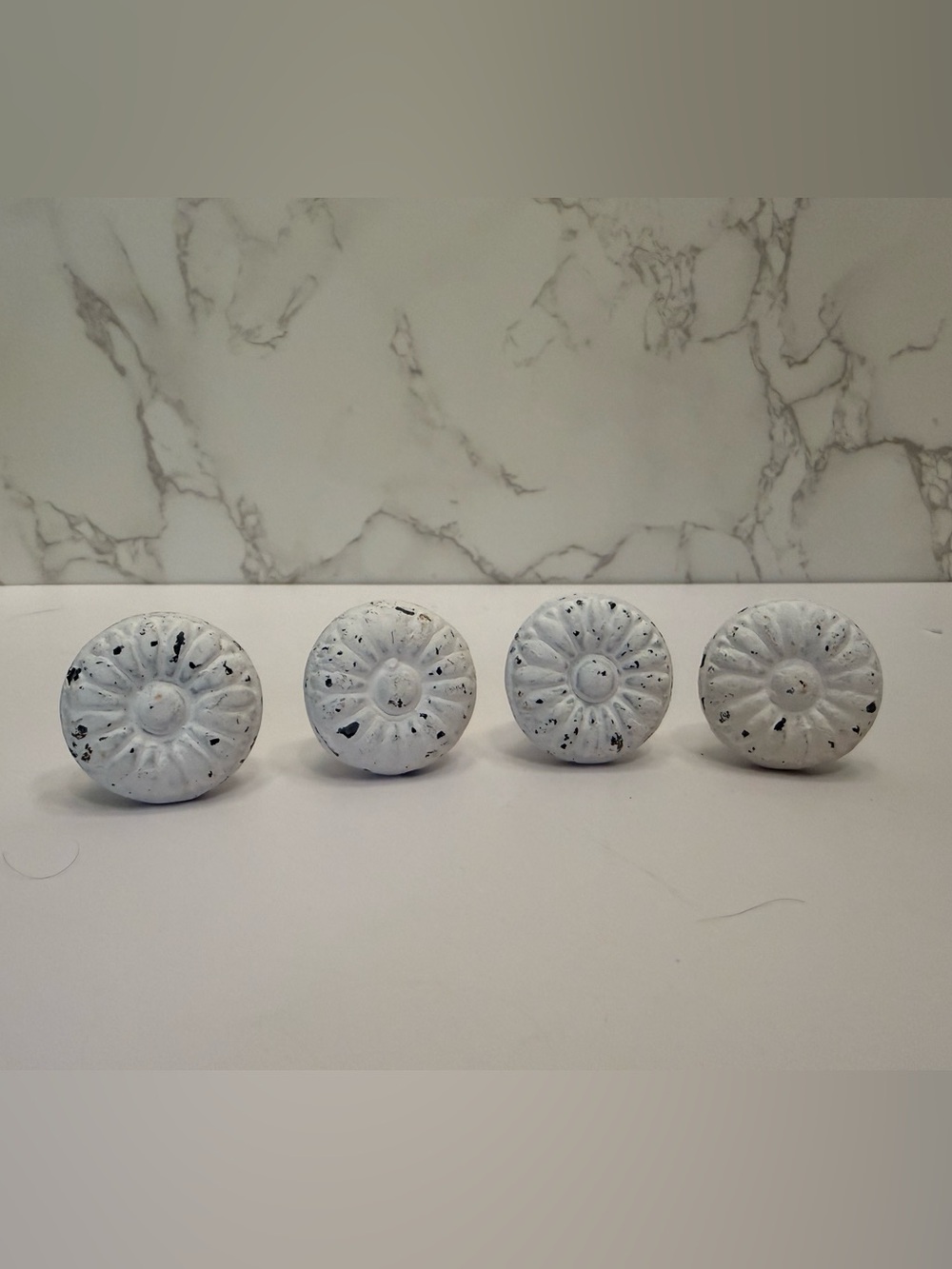 Vintage Inspired Distressed White Flower Cast Iron Knobs 4- Rustic Shabby Chic